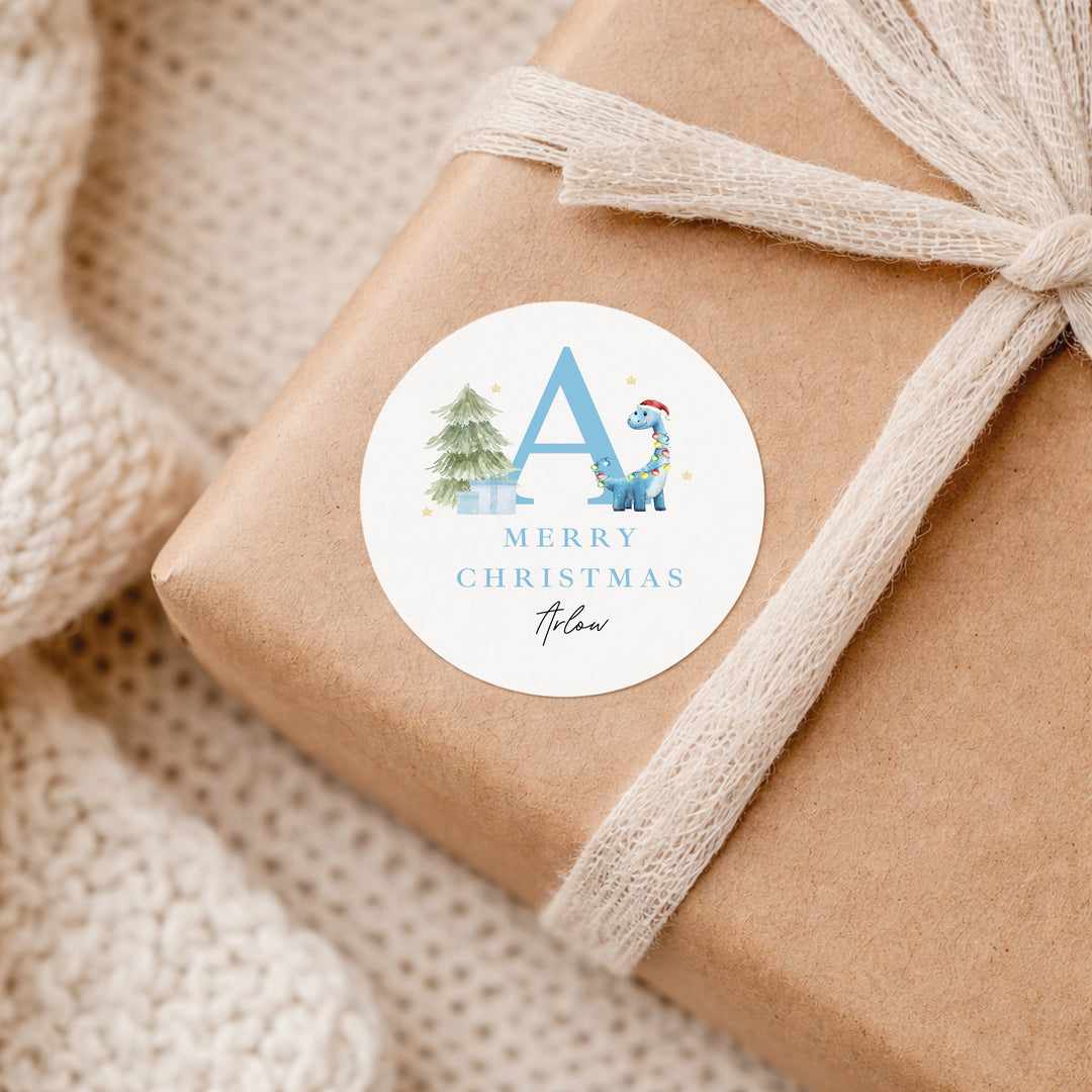 Personalised Blue Dinosaur Merry Christmas Stickers