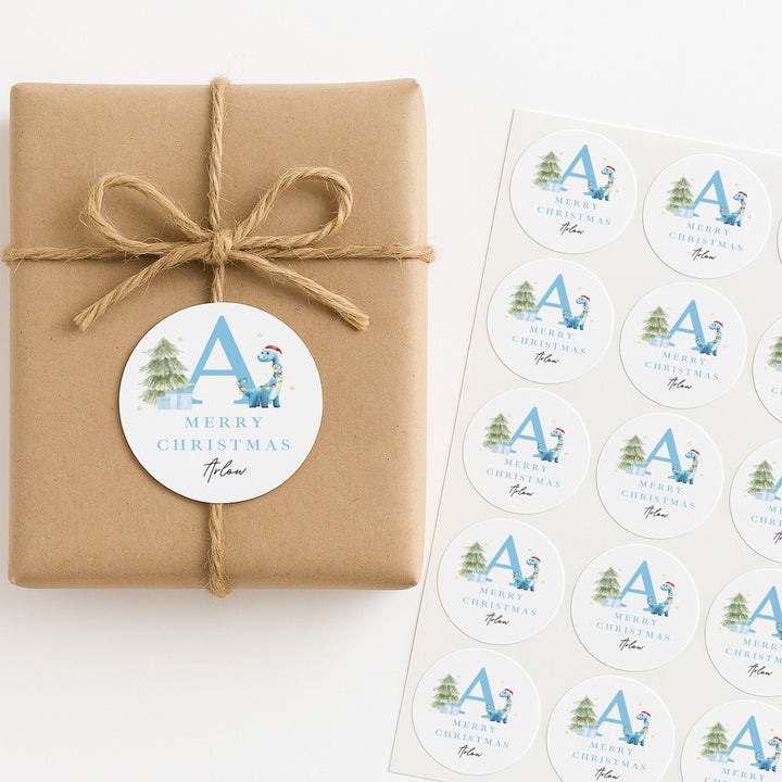 Personalised Blue Dinosaur Merry Christmas Stickers