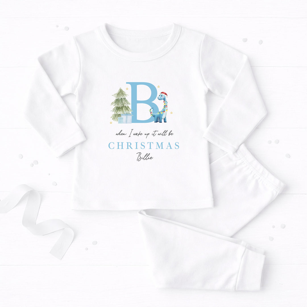 Personalised Blue Dinosaur Initial Christmas Pyjamas