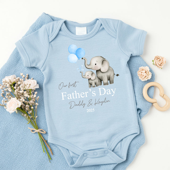 Personalised Blue Balloons Elephants Father's Day Blue Babygrow/Vest