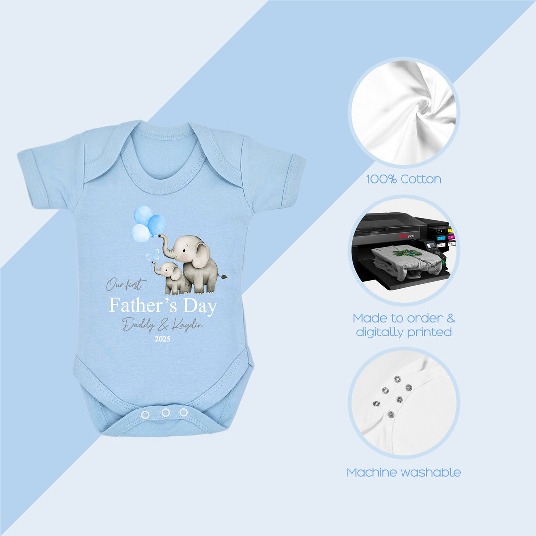 Personalised Blue Balloons Elephants Father's Day Blue Babygrow/Vest