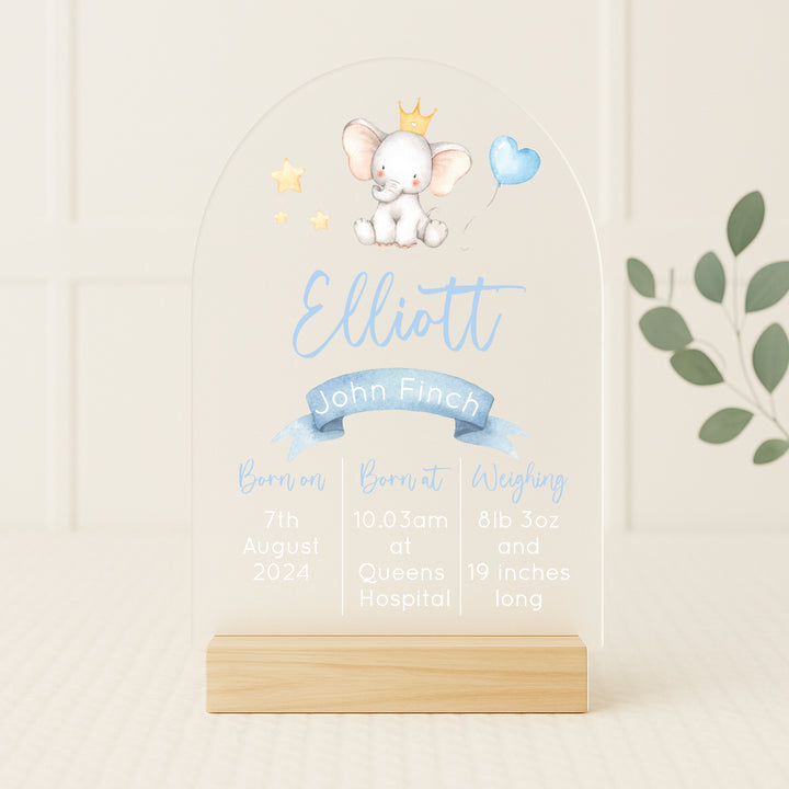 Personalised Blue Elephant Birth Stats Plaque