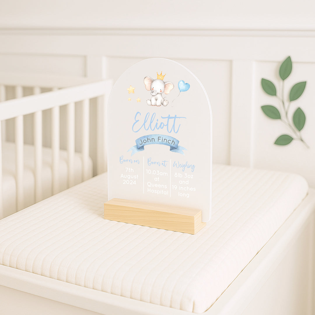 Personalised Blue Elephant Birth Stats Plaque