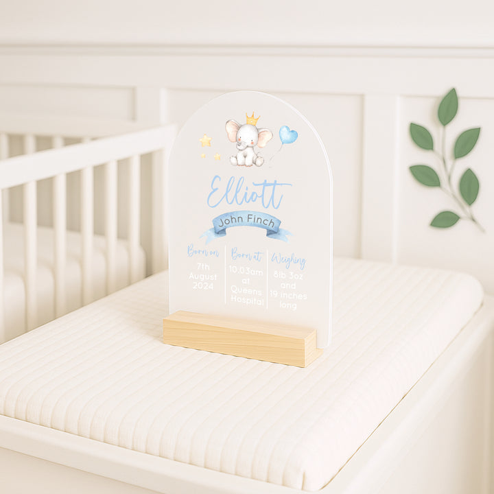 Personalised Blue Elephant Birth Stats Plaque