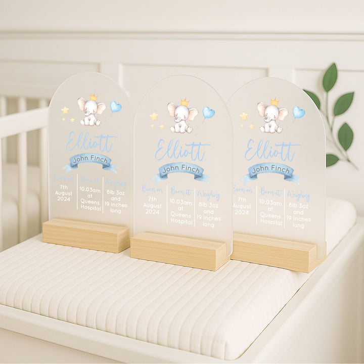 Personalised Blue Elephant Birth Stats Plaque