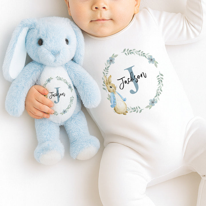 Personalised Boys Floral Wreath Babygrow & Bunny Set