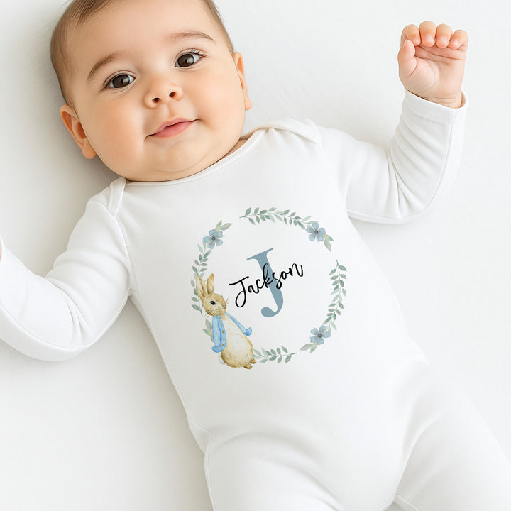 Personalised Boys Floral Wreath Babygrow & Bunny Set