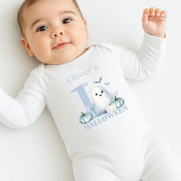 Personalised First Halloween Blue Ghost Baby Outfit