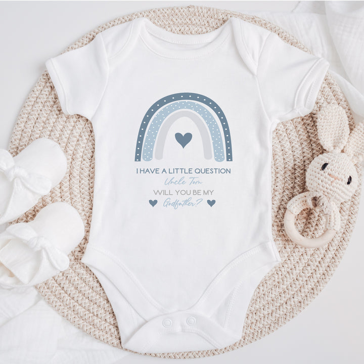 Baby announcement vests that says: I have a little question Uncle Tom will you be my Godfather?