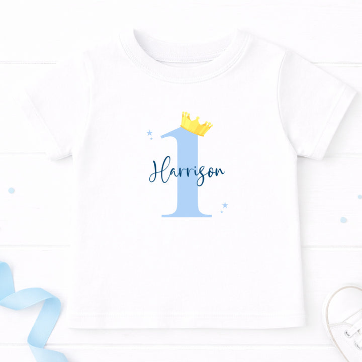 Personalised Blue And Gold Crown First Birthday T-Shirt
