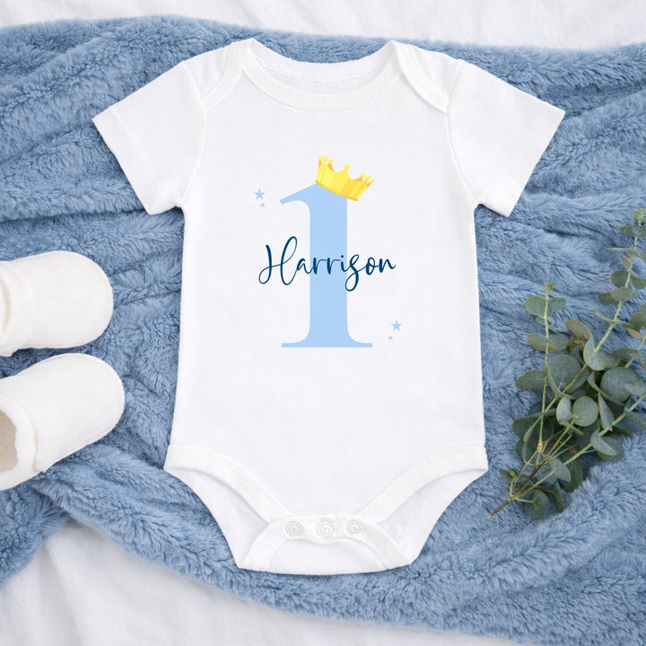 Personalised Blue And Gold Crown First Birthday Vest