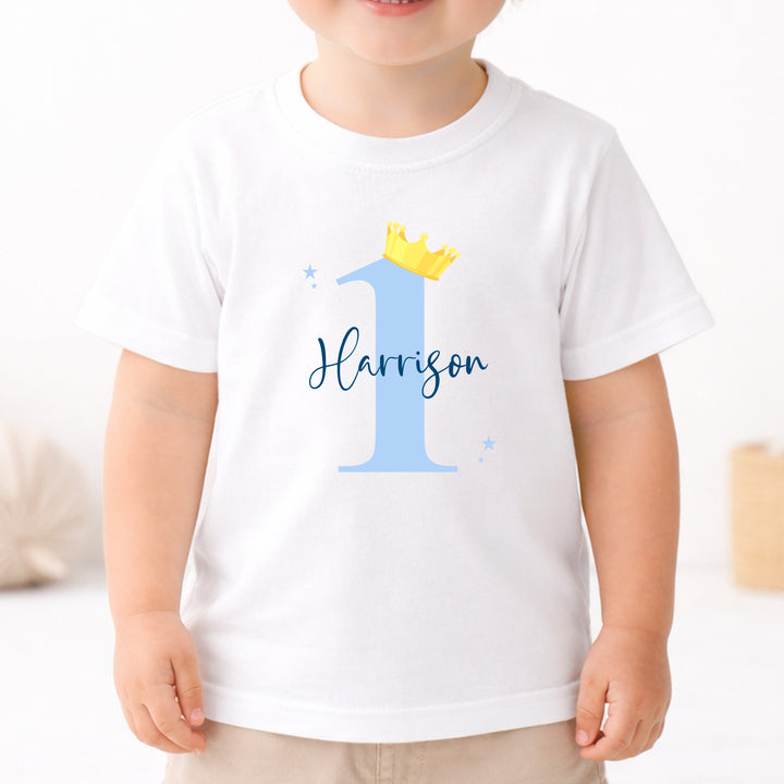 Personalised Blue And Gold Crown First Birthday T-Shirt
