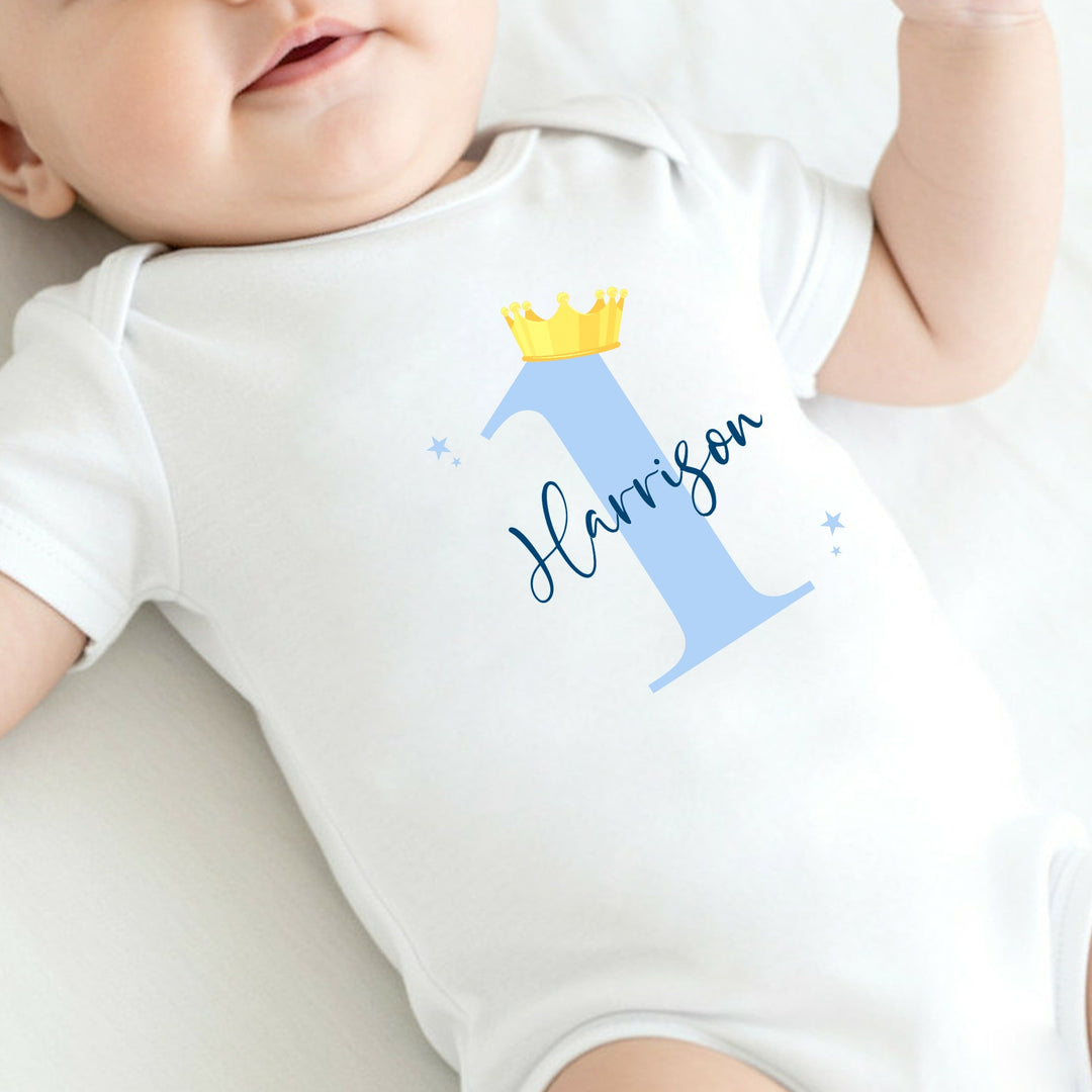 Personalised Blue And Gold Crown First Birthday Vest