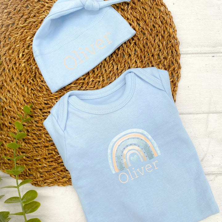 Personalised Blue & Gold Rainbow Blue Babygrow, Optional  Blanket or Hat