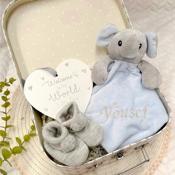 Embroidered Blue Elephant Comforter Gift Set