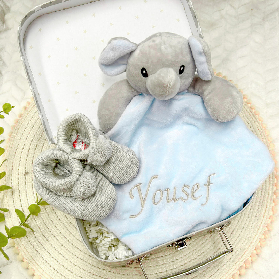 Embroidered Blue Elephant Comforter Gift Set