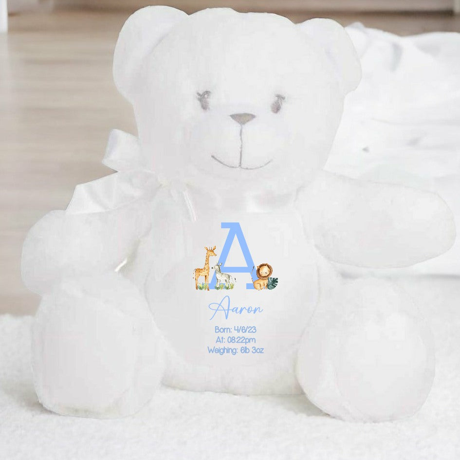 Personalised Blue Jungle Birth Announcement Teddy