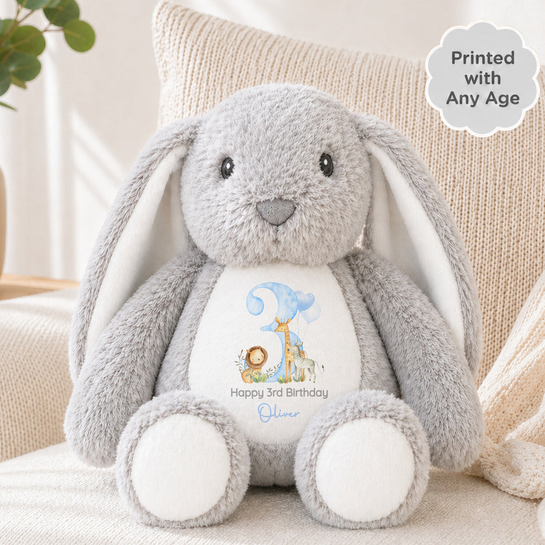 Personalised Blue Jungle Safari Any Age Birthday Rabbit