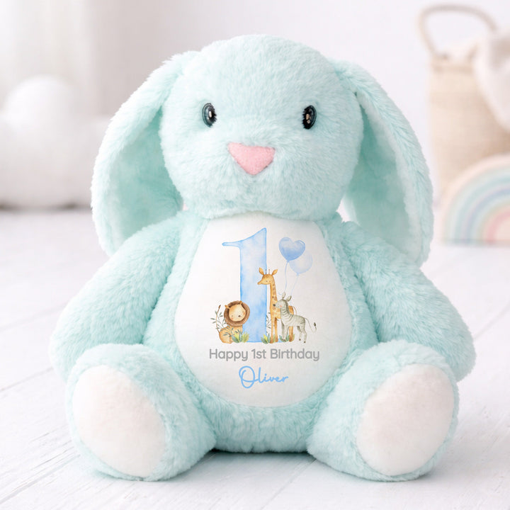 Personalised Blue Jungle Safari First Birthday Rabbit