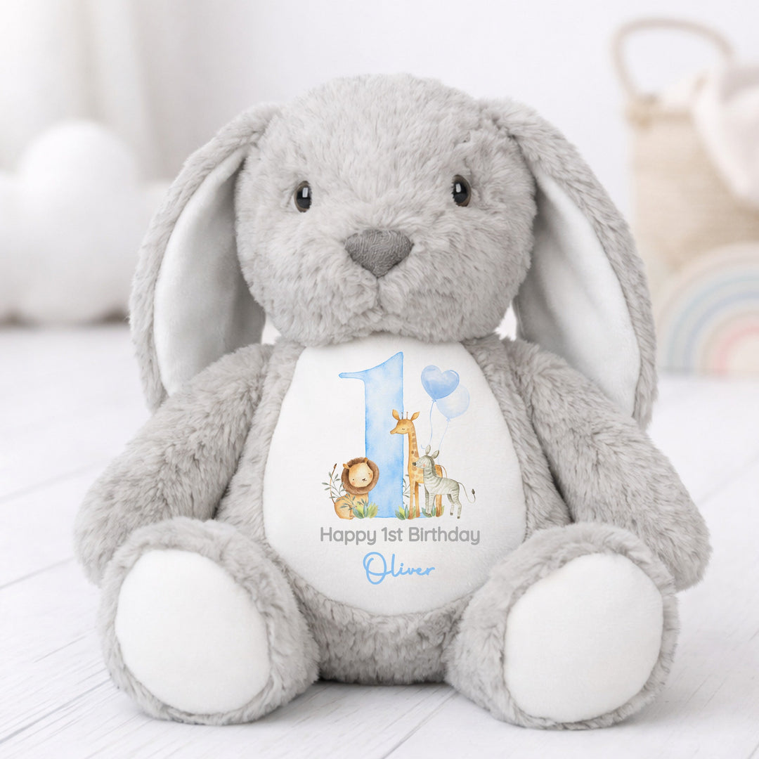 Personalised Blue Jungle Safari First Birthday Rabbit