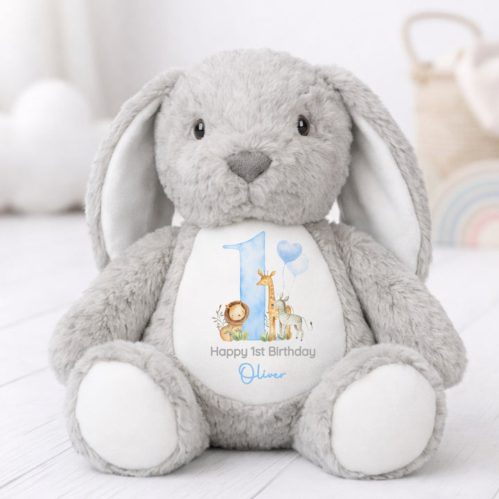 Personalised Blue Jungle Safari First Birthday Rabbit