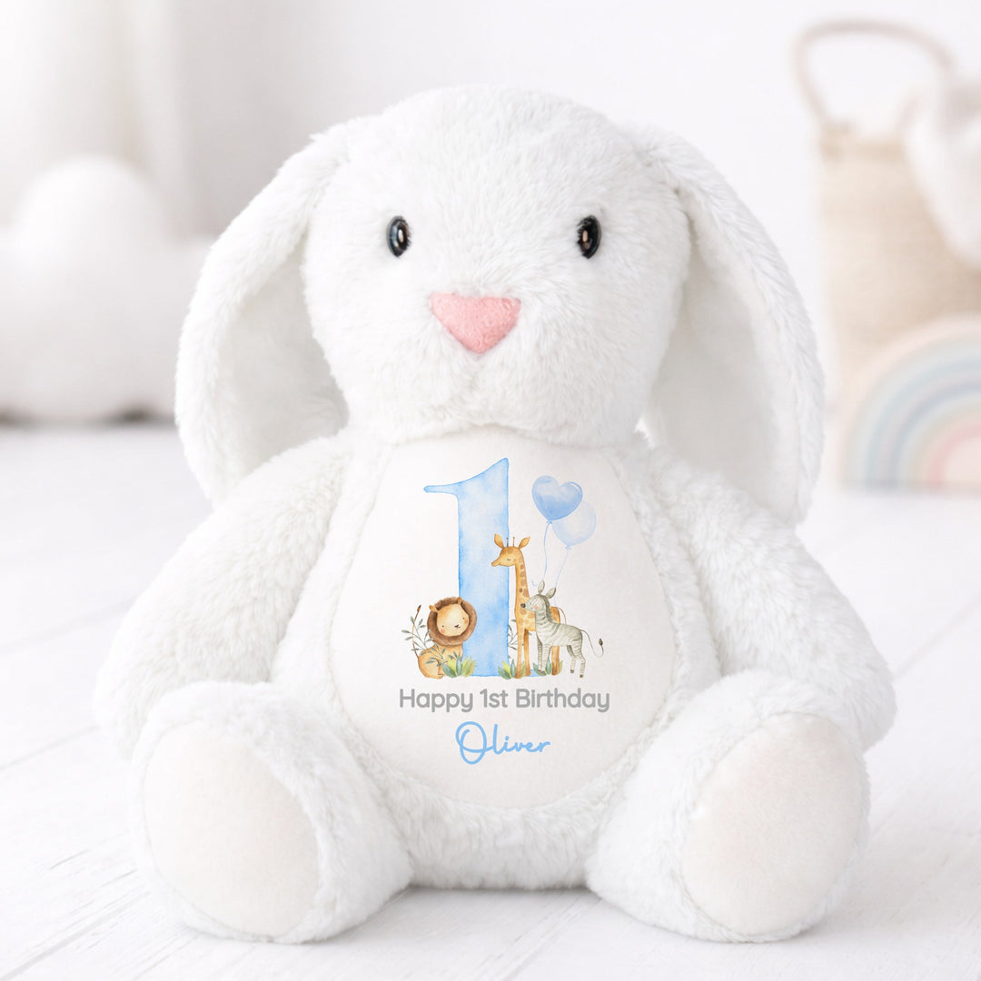 Personalised Blue Jungle Safari First Birthday Rabbit
