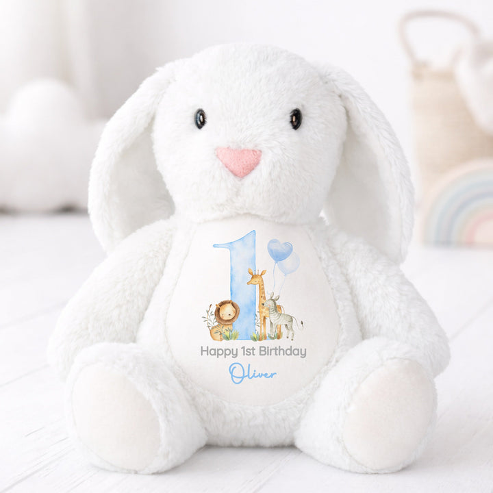 Personalised Blue Jungle Safari First Birthday Rabbit