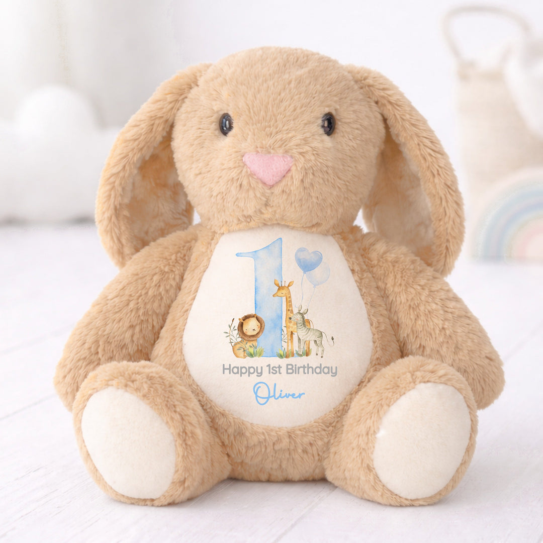 Personalised Blue Jungle Safari First Birthday Rabbit