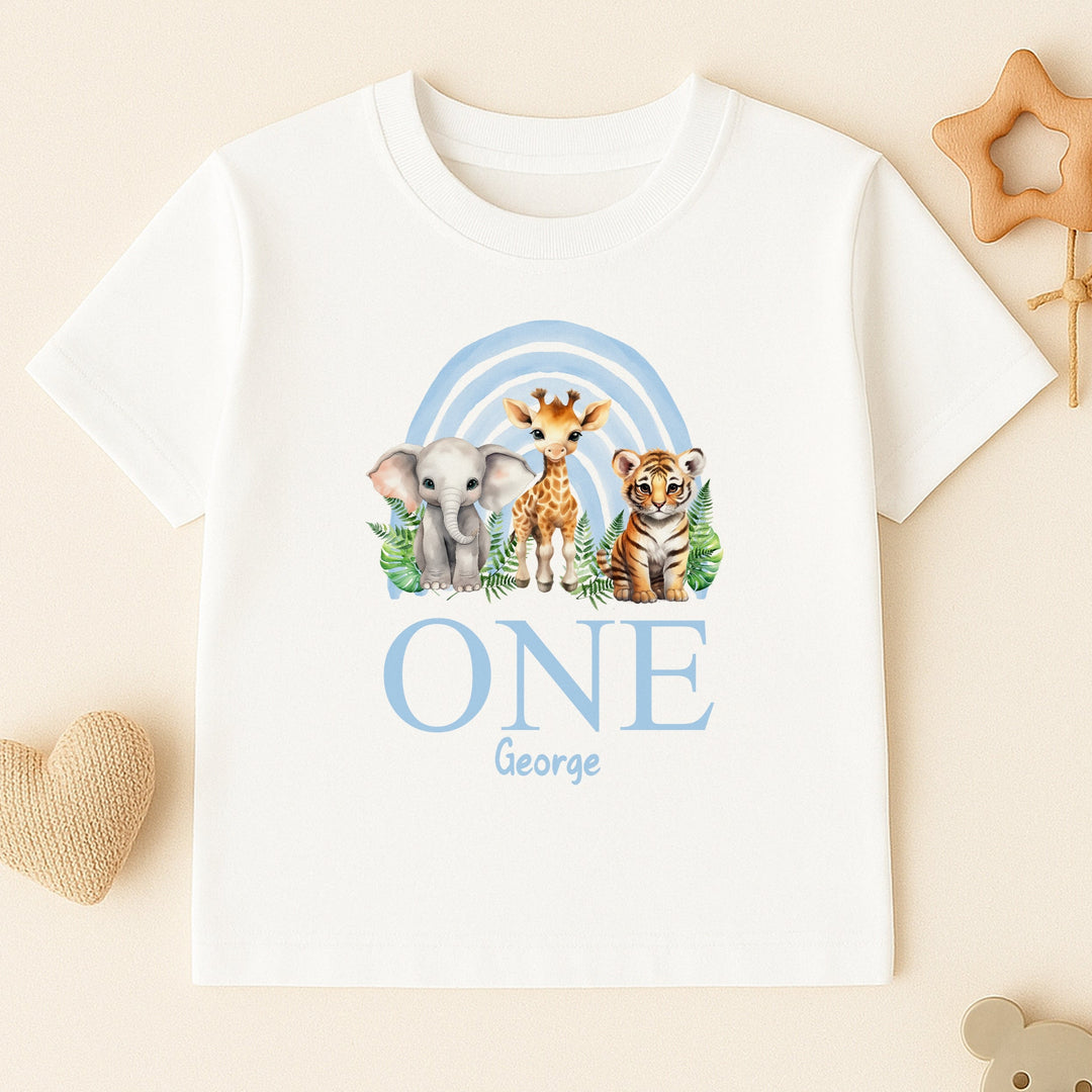 Personalised Blue Jungle Rainbow Birthday T-shirt