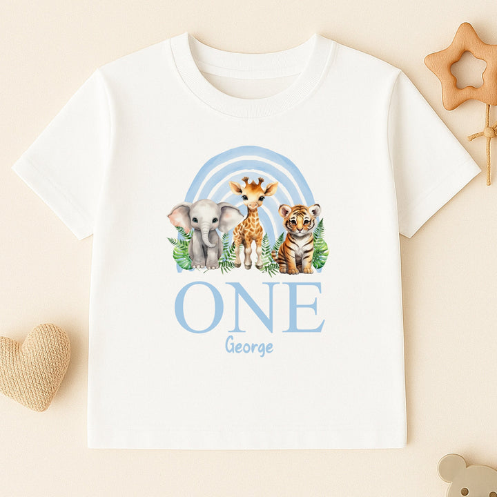 Personalised Blue Jungle Rainbow Birthday T-shirt