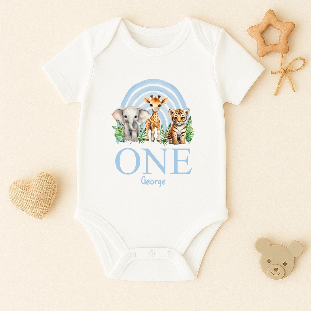 Personalised Blue Jungle Rainbow Birthday Vest