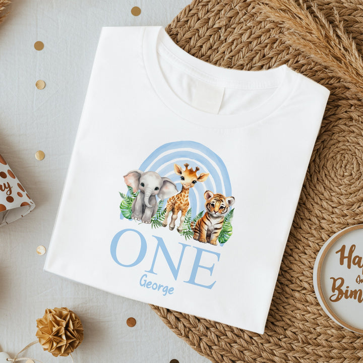 Personalised Blue Jungle Rainbow Birthday T-shirt