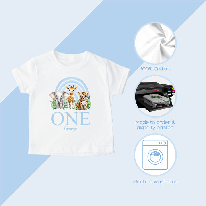 Personalised Blue Jungle Rainbow Birthday T-shirt