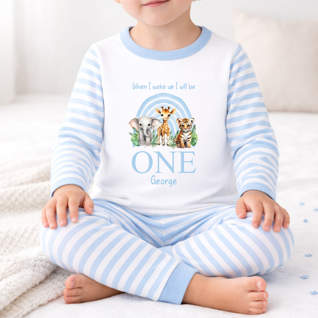 Personalised Blue Jungle Rainbow First Birthday Pyjamas