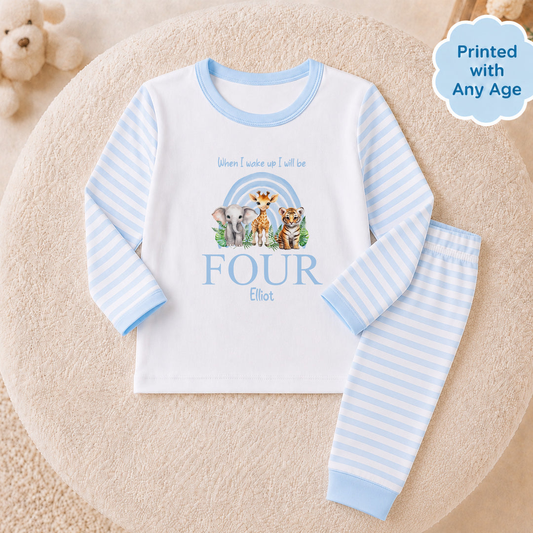 Personalised Blue Jungle Rainbow Any Age Birthday Pyjamas