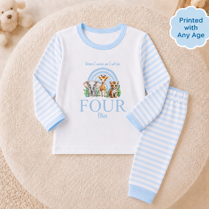 Personalised Blue Jungle Rainbow Any Age Birthday Pyjamas