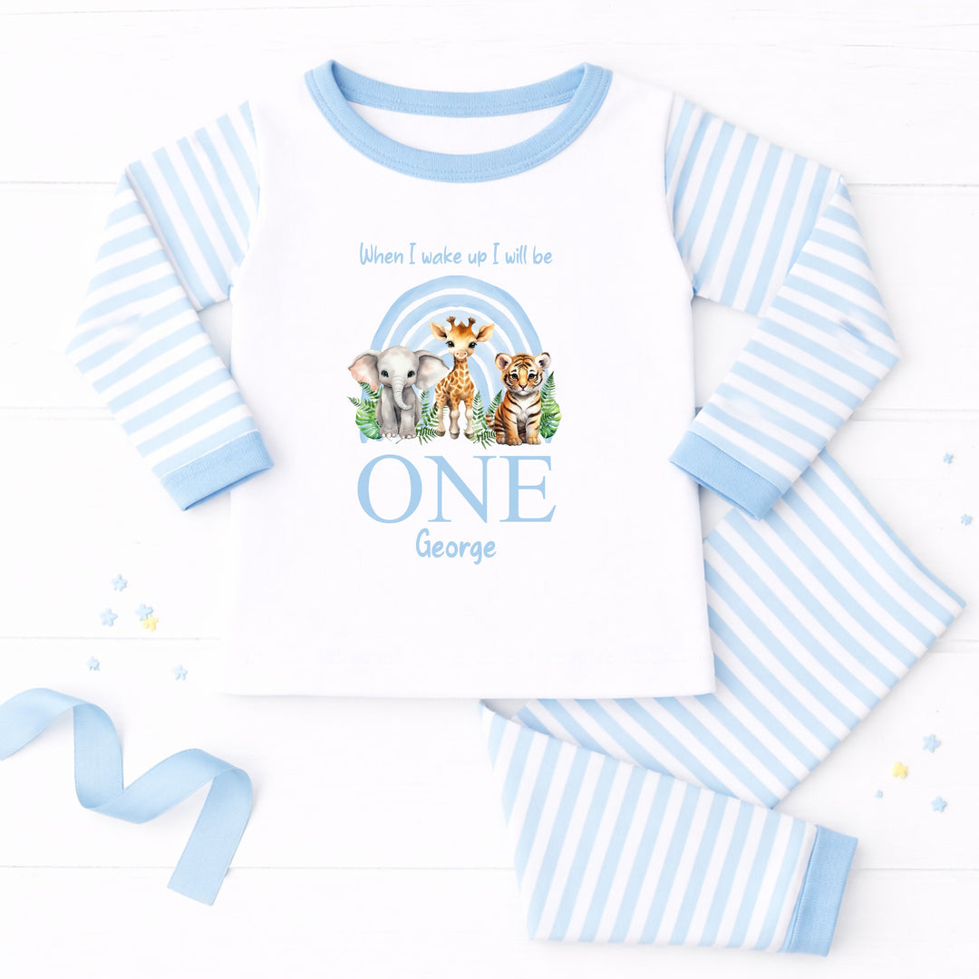 Personalised Blue Jungle Rainbow First Birthday Pyjamas