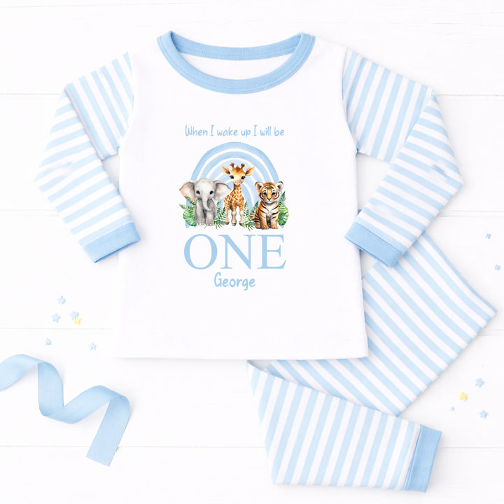 Personalised Blue Jungle Rainbow First Birthday Pyjamas