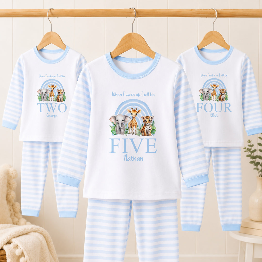Personalised Blue Jungle Rainbow Any Age Birthday Pyjamas