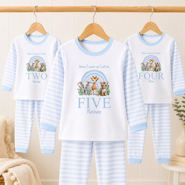 Personalised Blue Jungle Rainbow Any Age Birthday Pyjamas