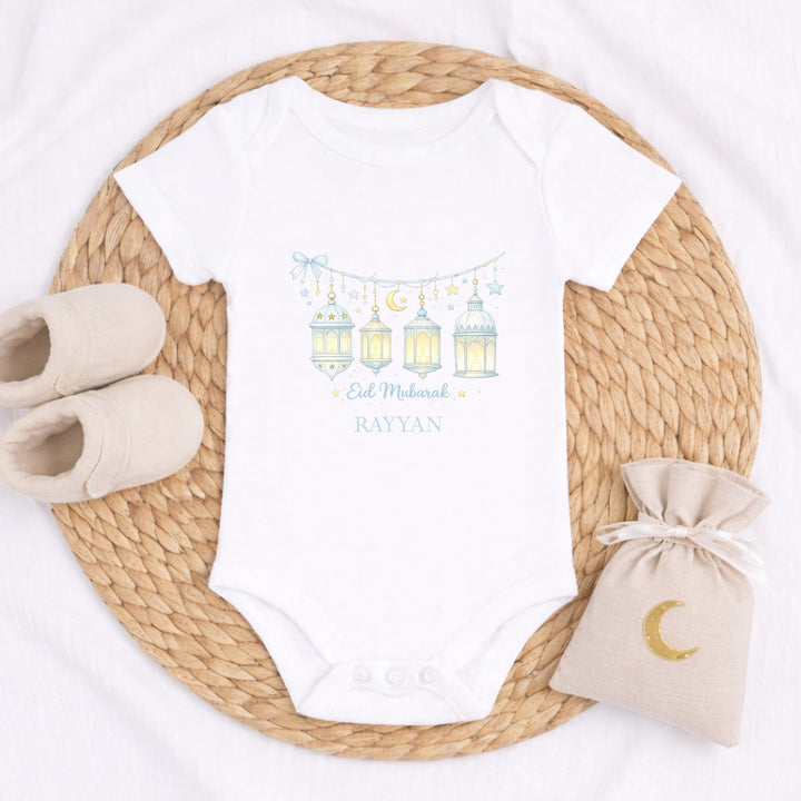 Personalised Blue Eid Mubarak Baby Grow, Vest or Bib