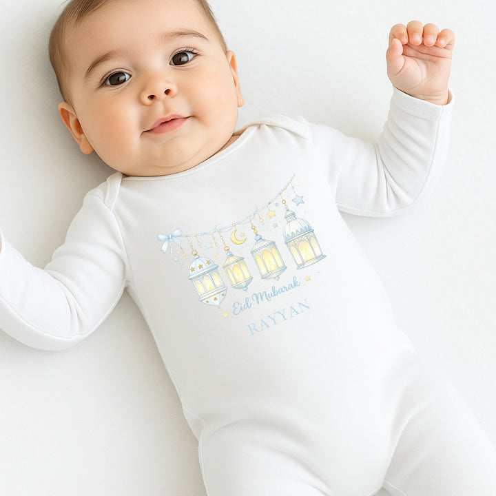 Personalised Blue Eid Mubarak Baby Grow, Vest or Bib