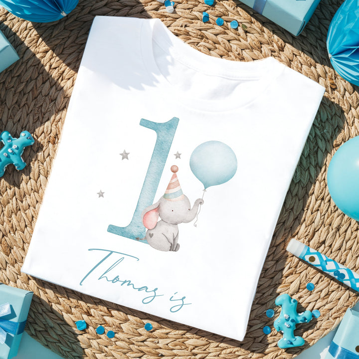 Personalised Blue Elephant Balloon Birthday T-shirt