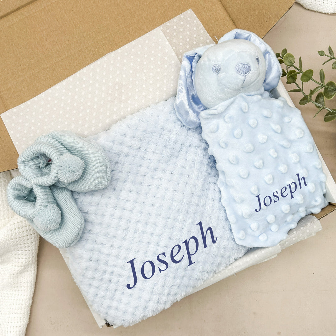 Personalised Embroidered Blue Blanket and Optional Blue Teddy Comforter