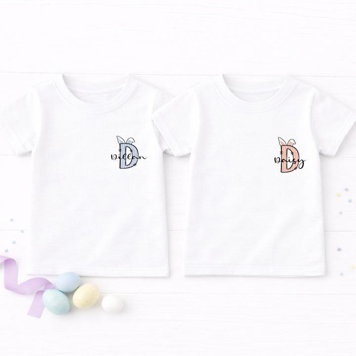 Personalised Pink or Blue Tartan Initial Easter T-shirt