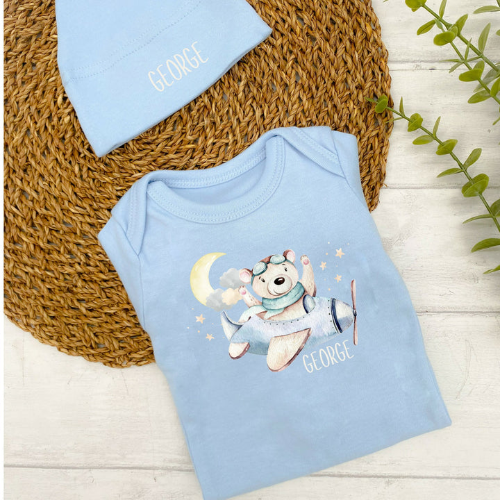 Personalised Little Plane Baby Blue Babygrow optional Blanket & Hat