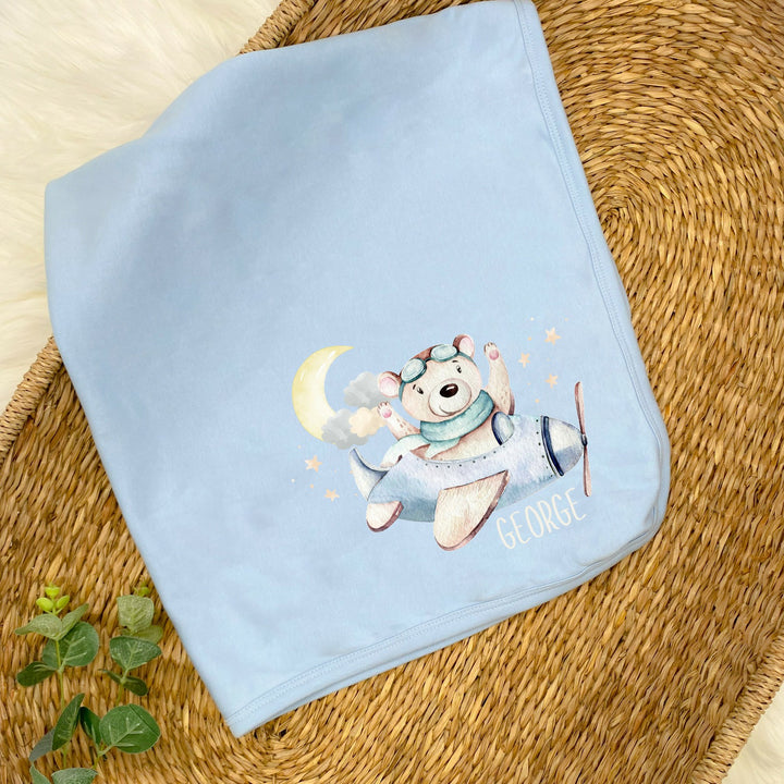 Personalised Little Plane Baby Blue Babygrow optional Blanket & Hat