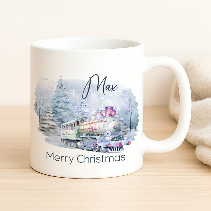 Personalised Blue Festive Train Christmas Place Mat With Optional Cutlery and Mug