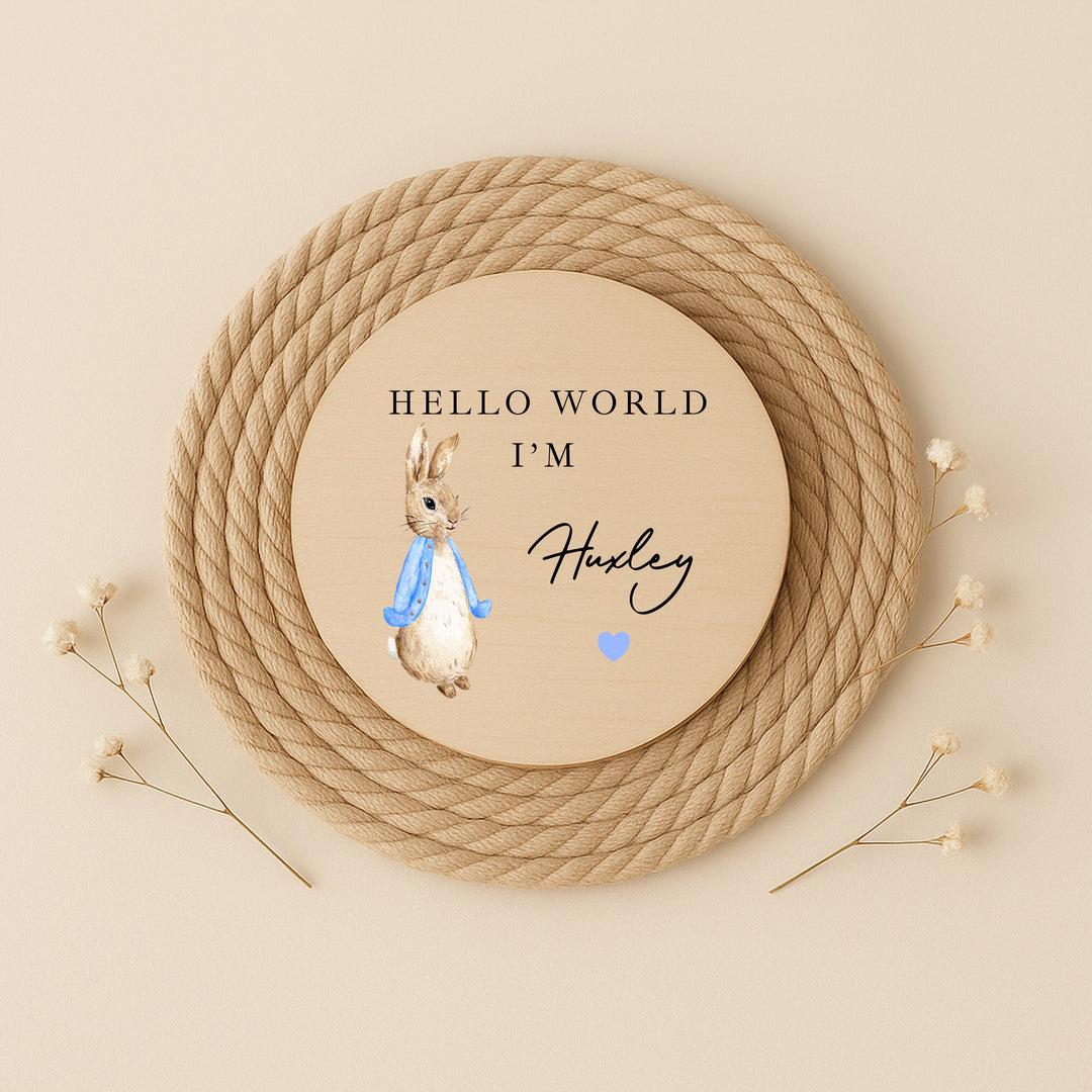 Personalised Blue Rabbit Wooden Announcement Plaque