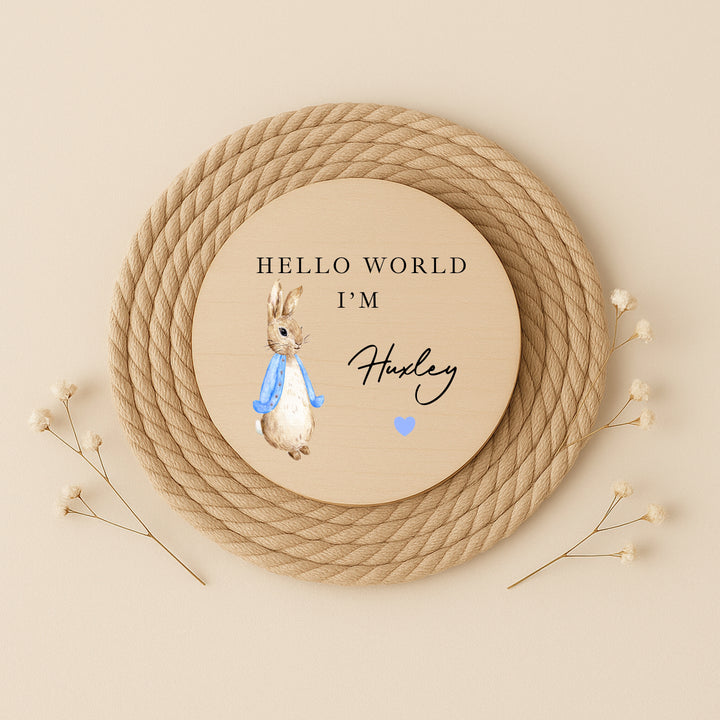 Personalised Blue Rabbit Wooden Announcement Plaque